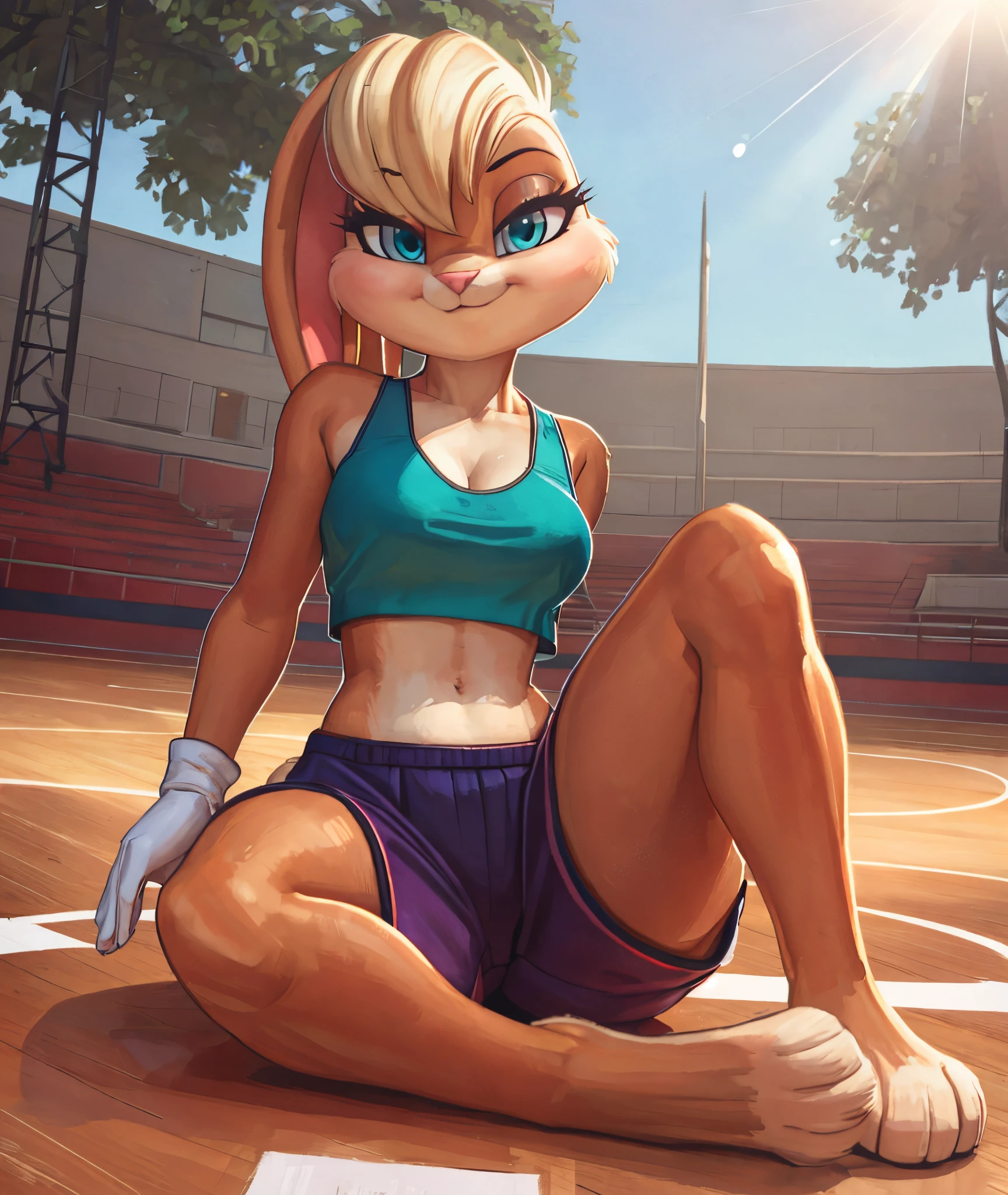 [lola bunny], [Uploaded to e621.net; (Pixelsketcher), (wamudraws)], ((masterpiece)), ((high res)), ((HD)), ((solo portrait)), ((full body)), ((front view)), ((furry; anthro)), ((detailed fur)), ((detailed shading)), ((beautiful render art)), ((intricate details)), {anthro rabbit; (slim figure), (beige fur), pink nose, (cute blue eyes), (long eyelashes), short blonde hair, (blonde bang), (ears in ponytail), (fluffy tail), (small boobs), (curvy hips), (thick thighs), (beautiful legs), (beautiful feet), (expressionless)}, {(teal tank top), (cleavage), (midriff), (purple short shorts), (white gloves)}, {(sitting), (crossed legs), (looking at viewer)}, [background; (park), (basketball court), (blue sky), (sun rays)]