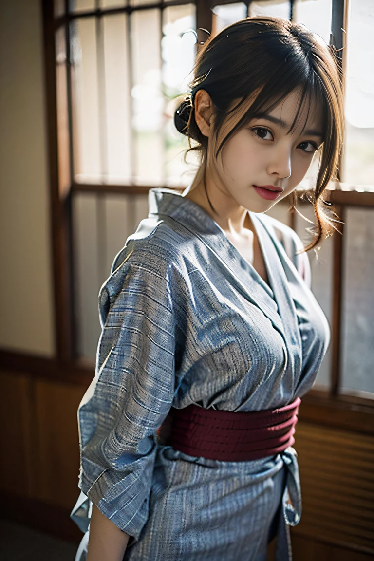 (Draw only one woman:1.8), Anatomically correct proportions, 8K, RAW shot, Best High Quality, ​masterpiece, realphoto, 18-year-old beauty, A dark-haired，??????? room, (bound female prisoner:1.7), (dirty gray yukata:1.5), Yukata worn by female prisoners, Tattered yukata, (a wet body:1.5), (???????:1.7), (tie up with rope:1.7 ), dirty ??????? room, (????:1.7 ), (Hide arms:1.6)