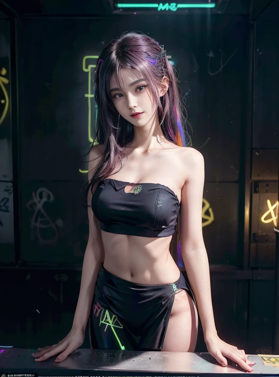 ((masutepiece))((Highest Quality))((27-year-old girl,Shoulder length highlight hair ))((She stood seductively and、Attractively sexual、You are revealing yourself by opening clothes )). ((Highly detailed cyberpunk club background with multi-colored LED lights. Graffiti .Luminous.))4K.