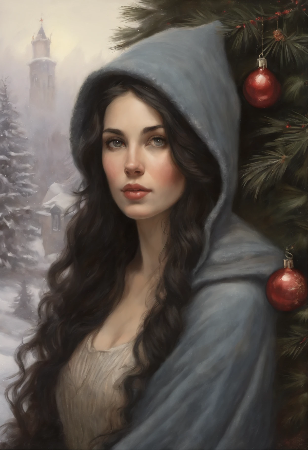 真实感, a painting, Fantastic tale, Christmas style, John Tolkien style, Small painting by Jean-Baptiste Monge, Portrait of a rocker girl with black straight hair, pouring from under the hood, Soft features of a rocker girl,  With light makeup,  dark pink lips,  lip shape thin lips,"curved eyebrows in the shape of Engriberts, blue eyes, heavy-lidded eye shape,   in a knitted hood, black straight hair sticks out from under a knitted hood, sitting,  in a big soft chair, Cross-legged, near the Christmas tree, There&#39;s a fireplace burning in the background,  Wearing lasin ,  In a knitted lilac-blue sweater with a hood..., Human Hand, Very clear without flaws with five fingers, mischievous character, Christmas tree, Gifts, Jean-Baptiste Monge, anthropomorphic --ar 2:3 --testp -optimistic;