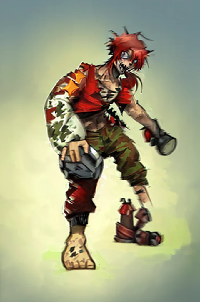 Soldier Unifrom, Zombies, Big teeth, messy clothes soldier, Red hat, a large grenade attached to the side of his trousers