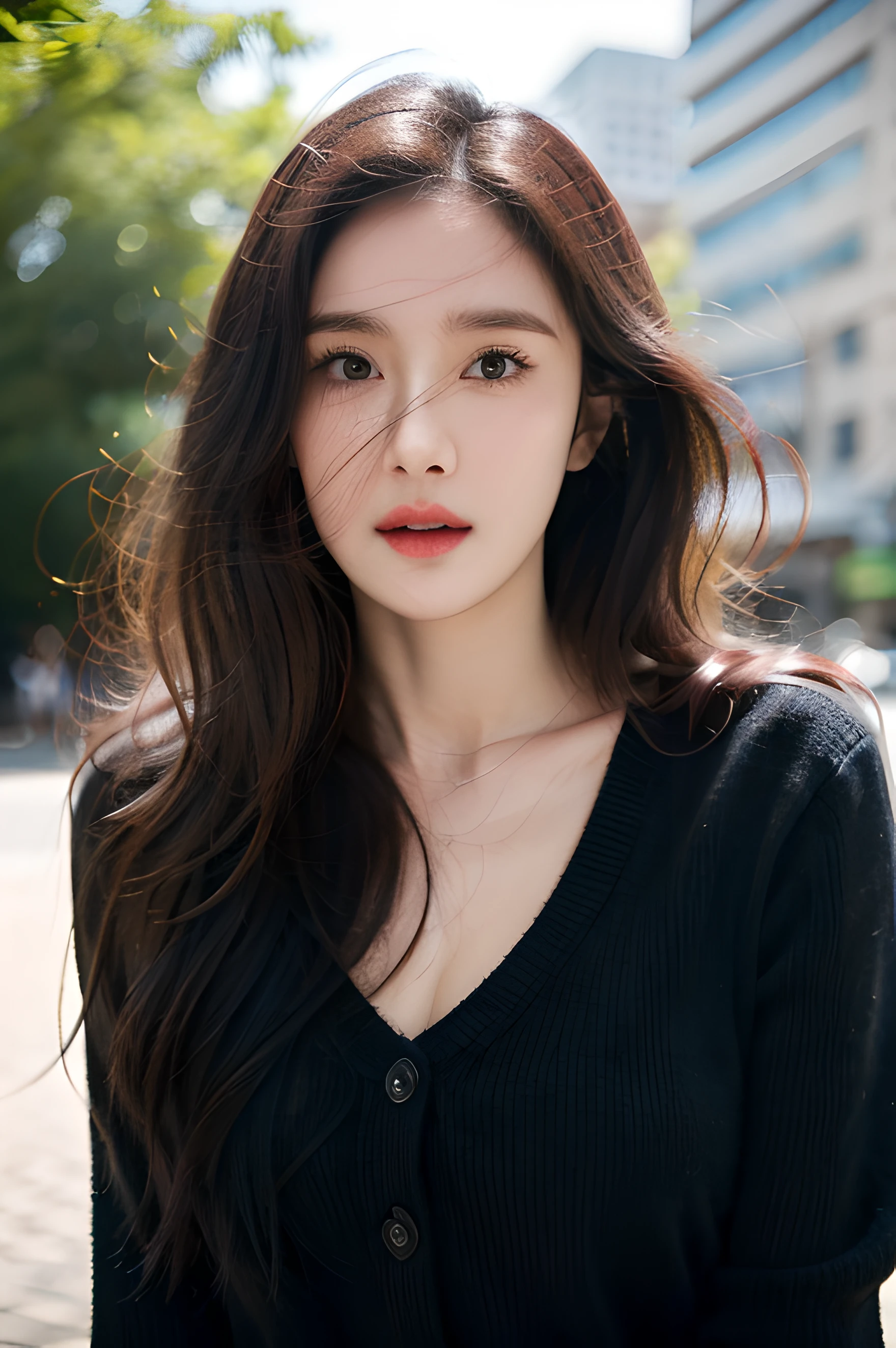 masterpiece, best quality, highres, (photorealistic:1.4), (depth of field:1.5), 1 girl, (detailed face), (upper_body:1.5), standing in the big city, 
 wavy hair, large breasts, looking at viewer, animification,

(aegyo sal:0.3), (ulzzang-6500:1),