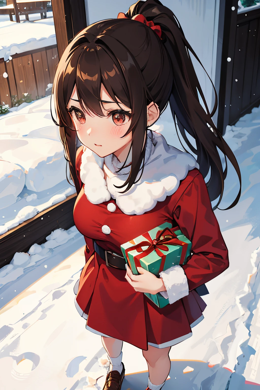 "anime girl, 1 person, dark brown hair, ponytail, ponytail, tied hair, brown eyes, socks, santa outfit, santa outfit, winter outfit, discreet, red dress, big breasts, blushing, full body, snowfall, christmas gift box, christmas, solo, front view, (full HD 4K+ image)"