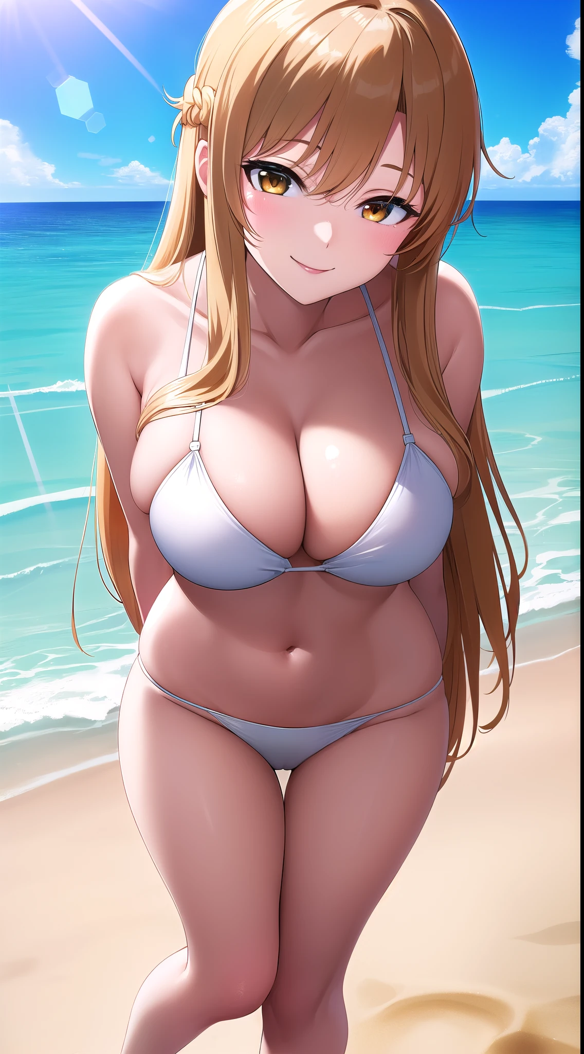 (best quality:1.5, highres, UHD, 4K, detailed lighting, shaders), asuna yuuki, light brown long hair, large breasts, crotch, thighs, sexy, erotic, lewd, seductive, ecchi, hentai, porn, h, white bikini, standing, pov, smiling, close shot, beach background