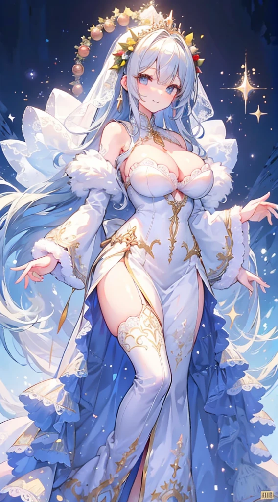 1人、Christmas、nigh sky、Christmas tree、It's snowing、、Too large breasts、cleavage of the breast、white wedding dress and lace cape 、white hair、Twin-tailed、Fluffy and soft long hair、A sparkling Christmas night、stele々shining brightly、A smile、Golden Eyes、European streets decorated for Christmas、A sexy、Transparent、wedding dress、lace veil and tiara