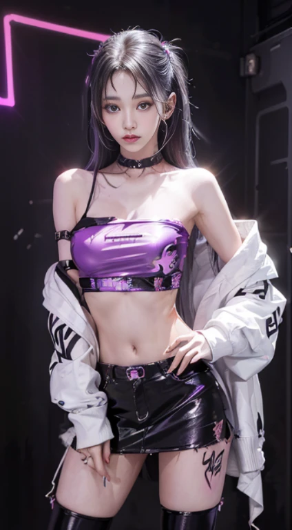 ((masutepiece))((Highest Quality))((27-year-old girl,Shoulder length highlight hair ))((She stood seductively and、Attractively sexual、You are revealing yourself by opening clothes )). ((Highly detailed cyberpunk club background with multi-colored LED lights. Graffiti .Luminous.))4K.
