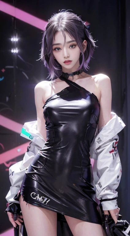 ((masutepiece))((Highest Quality))((27-year-old girl,Shoulder length highlight hair ))((She stood seductively and、Attractively sexual、You are revealing yourself by opening clothes )). ((Highly detailed cyberpunk club background with multi-colored LED lights. Graffiti .Luminous.))4K.