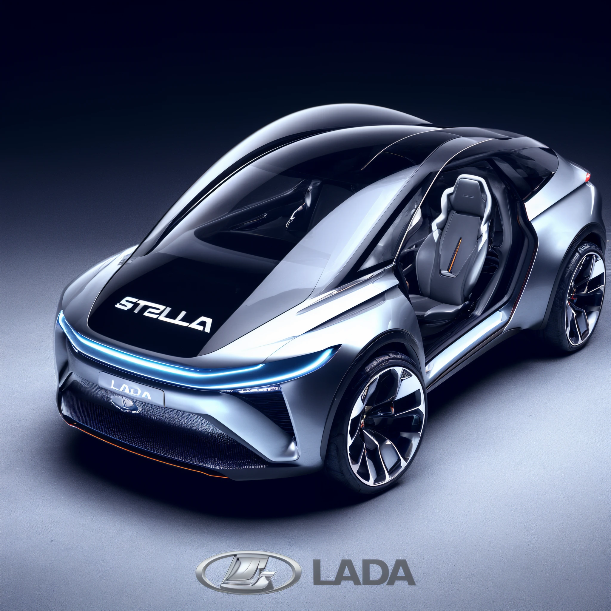 Close-up of a car with an open door on a gray background, lada, Tadeusz Pruszkowski, concept car, Concept car design, Vehicle Concept, A futuristic concept car, Futuristic car shot, Futuristic car concept, vehicle concept photo!!, Trends in car design, Concept render, Car Lada, concept, promotional render