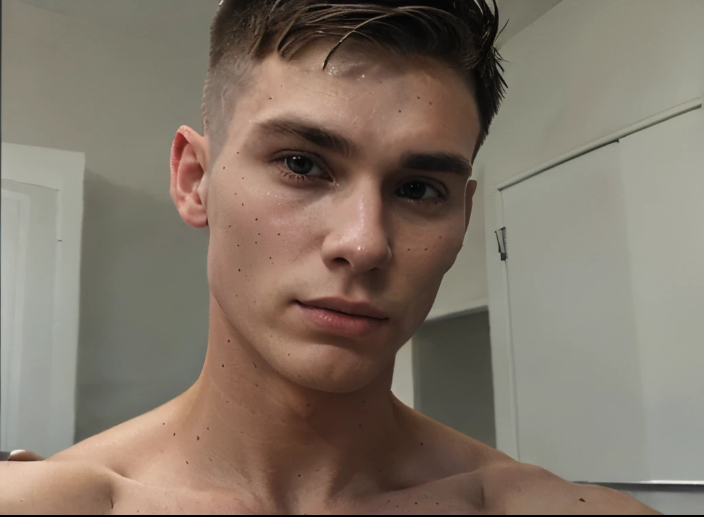 23 year old male, handsome, cillian murphy (dark blonde short buzz military haircut, fade haircut, small nose, chad jawline, big dark eyes, athletic, well built, fit, average looking) naked lower body selfie