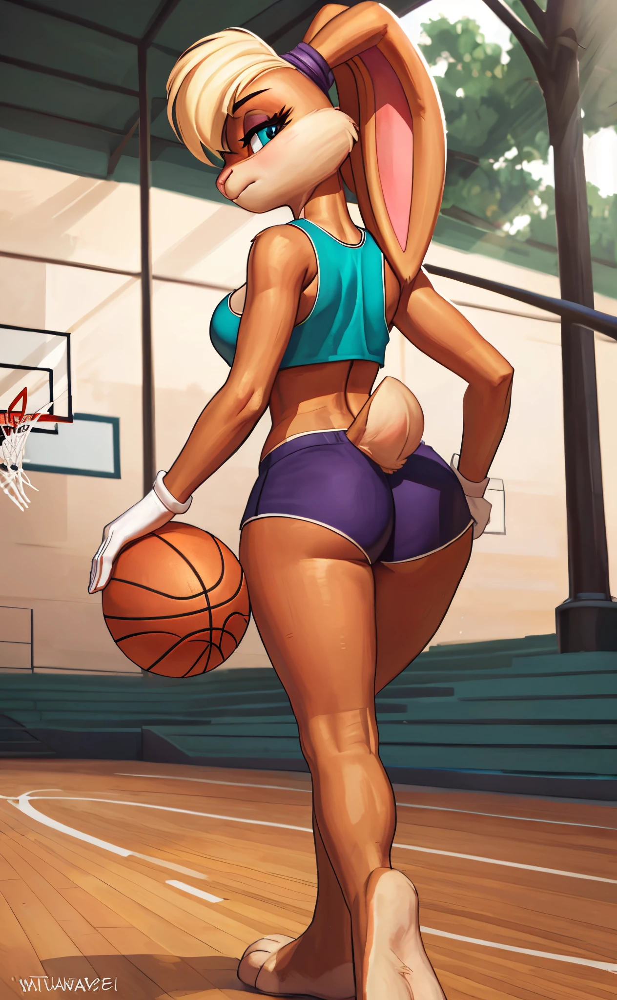 [lola bunny], [Uploaded to e621.net; (Pixelsketcher), (wamudraws)], ((masterpiece)), ((high res)), ((HD)), ((solo portrait)), ((full body)), ((back view)), ((furry; anthro)), ((detailed fur)), ((detailed shading)), ((beautiful render art)), ((intricate details)), {anthro rabbit; (slim figure), (beige fur), pink nose, (cute blue eyes), (long eyelashes), short blonde hair, (blonde bang), (ears in ponytail), (fluffy tail), (small boobs), (curvy hips), (thick thighs), (beautiful legs), (beautiful feet), (frown)}, {(teal tank top), (cleavage), (midriff), (purple short shorts), (white gloves)}, {(walking), (looking back), (looking at viewer)}, [background; (park), (basketball court), (blue sky), (sun rays)]
