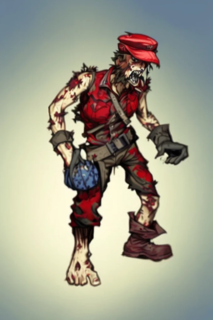 A half-human, half-like creature black on the ground after a battle with its scary face. He wears mario clothes but destroyed and he is big. He's from the front showing his face ., RPG Character Art Style, Full Body, Manga Art Style