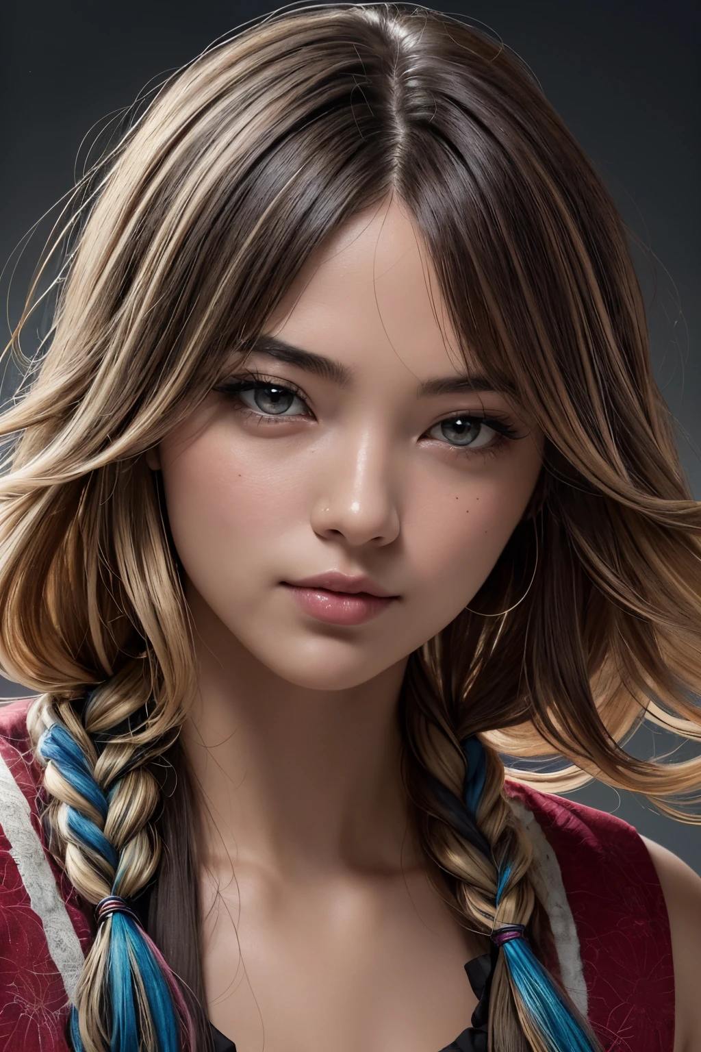 analog style, model shoot tyle, (younggirl:1.5), ((a japanese girl)), ((colorful photo:1.5)), (length hair, O cabelo multicolorido:1.7), (美丽的面容), (face perfect), Raw photography, ((Take a portrait facing the viewer)), (pale-skinned), top-quality, film grains, hyper realisitic, ultra realistic textures, ​masterpiece, the Extremely Detailed CG Unity 8K Wallpapers, ((realistic brown eyes)), detailed photo, ecstasy of light and shadow, deep-shadows