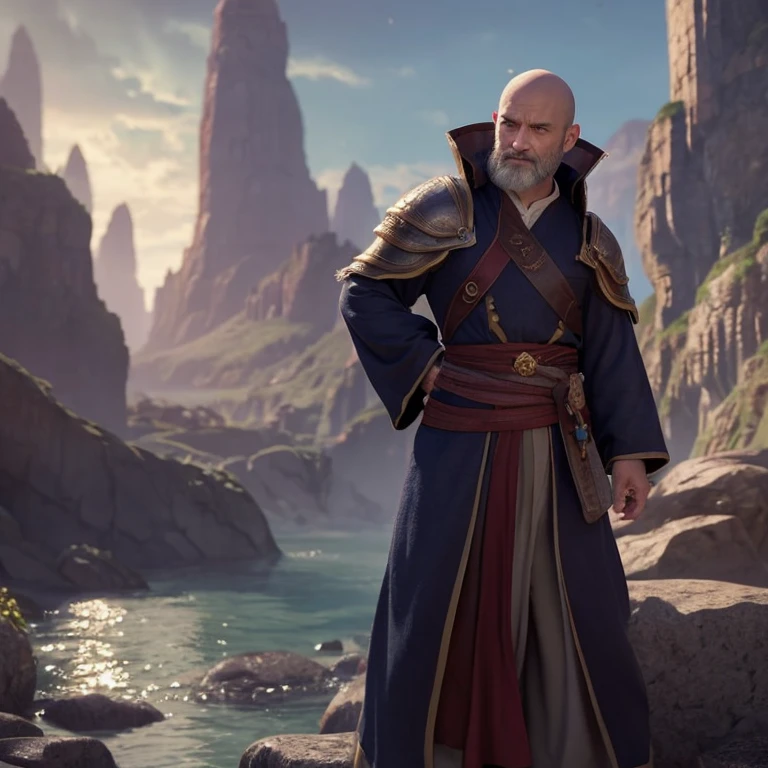 middle-aged man in fantasy world, Civil service, Loose robe, No beard, bald on the top of the head, Hair grows on the sides and back of the head, Standing, Full body