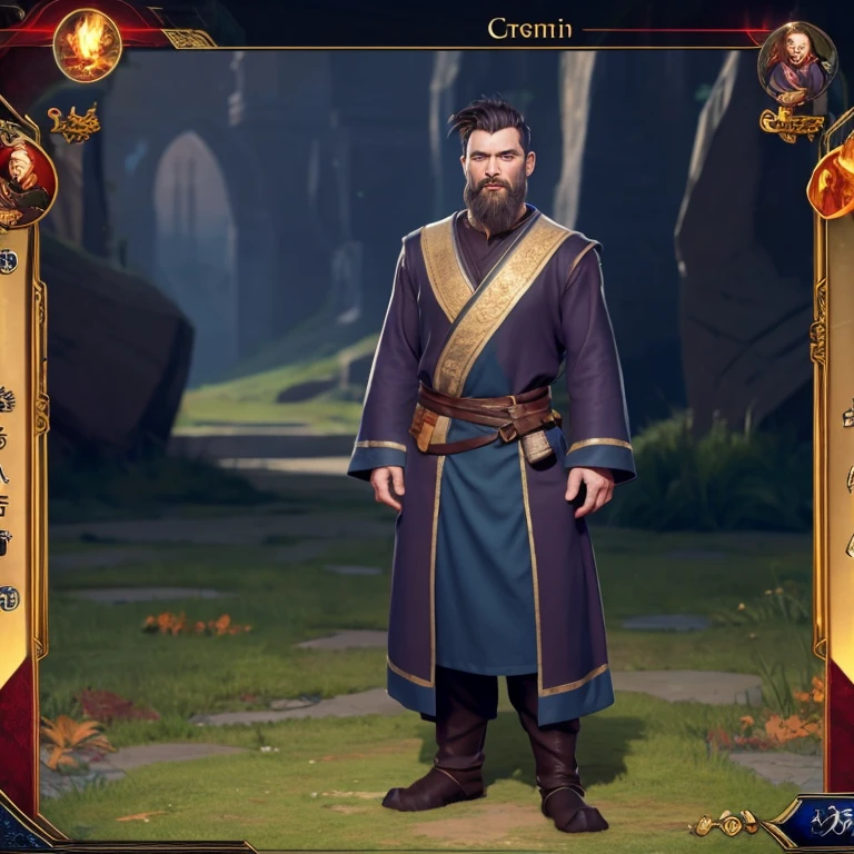 middle-aged man in fantasy world, Civil service, Loose robe, No beard, bald on the top of the head, Hair grows on the sides and back of the head, Standing, Full body