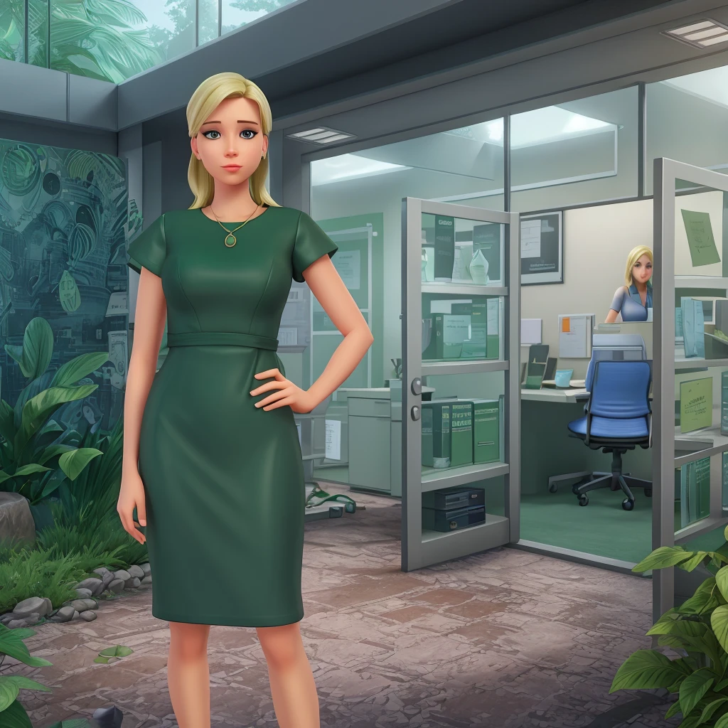 there  a blonde woman in a green dress standing in front of an empty glass office, realistic scene, life simulator game screenshot, find the hidden object, female investigator, secret shady laboratory, background artwork, game illustration, secret lab, detailed scene, corporate boss, true realistic image, fashion gameplay screenshot, inspired by Adrienn Henczné Deák, sil from species