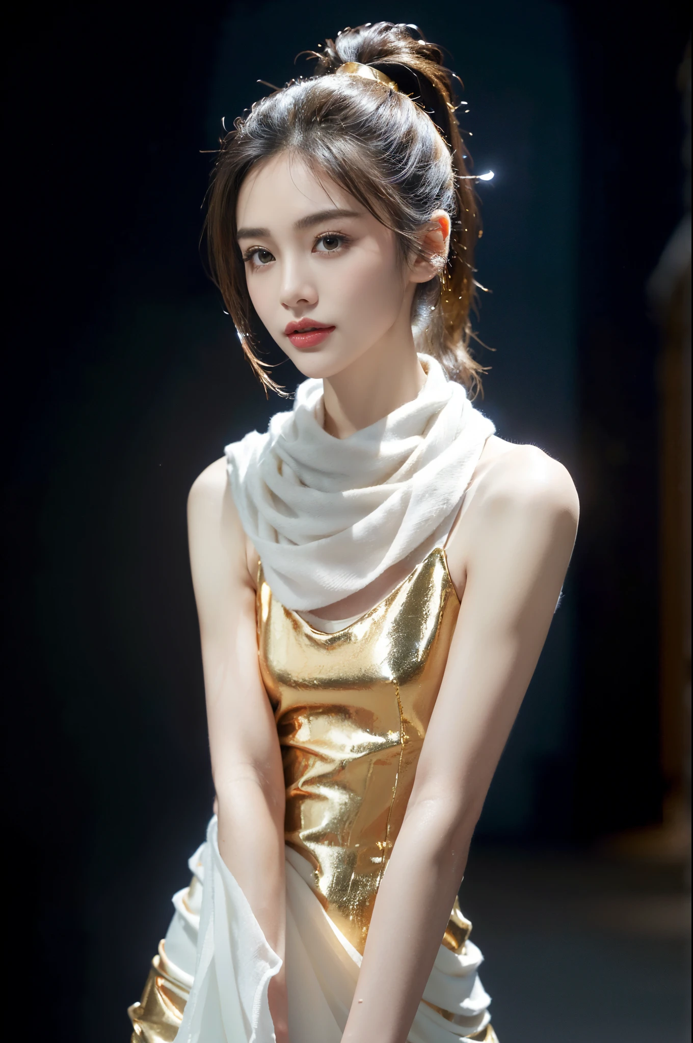 (black bun hairstyle:1),((((8k))),((Extremely meticulous CG)) ,(wallpaper),16k,((Extremely refined and beautiful))，(((Masterpiece))),(((best qualtiy))),(((Ultra High Resolution))),beautiful light up，Perfect lightning，realistic shaded，[A high resolution],(Smooth and flawless fair skin:1.5),Extremely exquisite facial details,(perfect body：1.1),ultra - detailed,A beautiful girl,small head,((very short ponytail)),small face,Exquisite makeup,(Small breasts:1.1),Flat chests,slim,thin,happy,Smile,(white Scarf:1.2),(Golden short dress:1.3),(slender legs:1.2),high heels,(night scene:1.5),In a alley,dark light,(detailed background:1.5),outdoor,(standing),looking at viewer,(upper body:1.2)