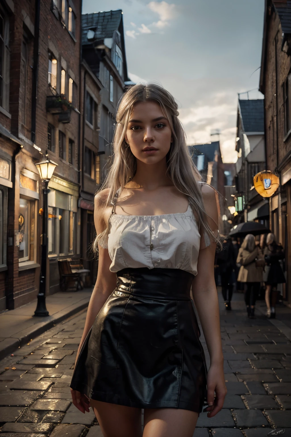 (high quality, photo-realistic), young scandinavian cute girl, light gray hair, black gothic dress with a short skirt, beautiful detailed eyes and lips, long eyelashes, soft light city background, full body shot, dynamic pose, setting, cobblestone street, brick buildings, vintage street lamp, modern architecture, bustling crowd, autumn atmosphere, vibrant colors, sense of mystery, cinematic composition, medium: oil painting, ultra-detailed, vivid brushstrokes, fine texture, dramatic lighting, contrasting shadows.