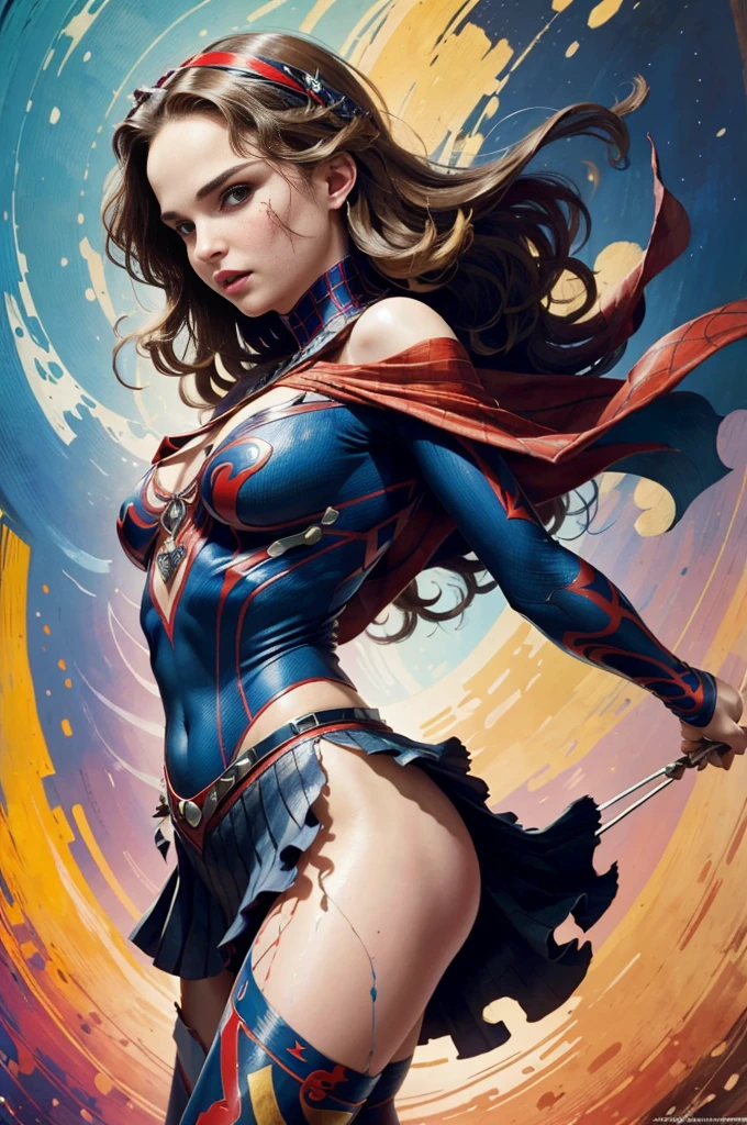 Natalie portman、Sticking out the navel、newyork、She wears a torn Spider-Man suit,wearing skirt、abstract photorealistic、artistic、Alphonse Mucha's painting(​masterpiece、top-quality、hight resolution:1.4)、detaileds、intricate-detail、4K、color splashes、line-drawing、Fibonacci、