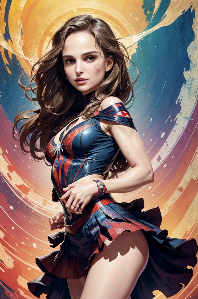Natalie portman、Sticking out the navel、newyork、She wears a torn Spider-Man suit,wearing skirt、abstract photorealistic、artistic、Alphonse Mucha's painting(masterpiece、top-quality、hight resolution:1.4)、detaileds、intricate-detail、4K、color splashes、line-drawing、Fibonacci、