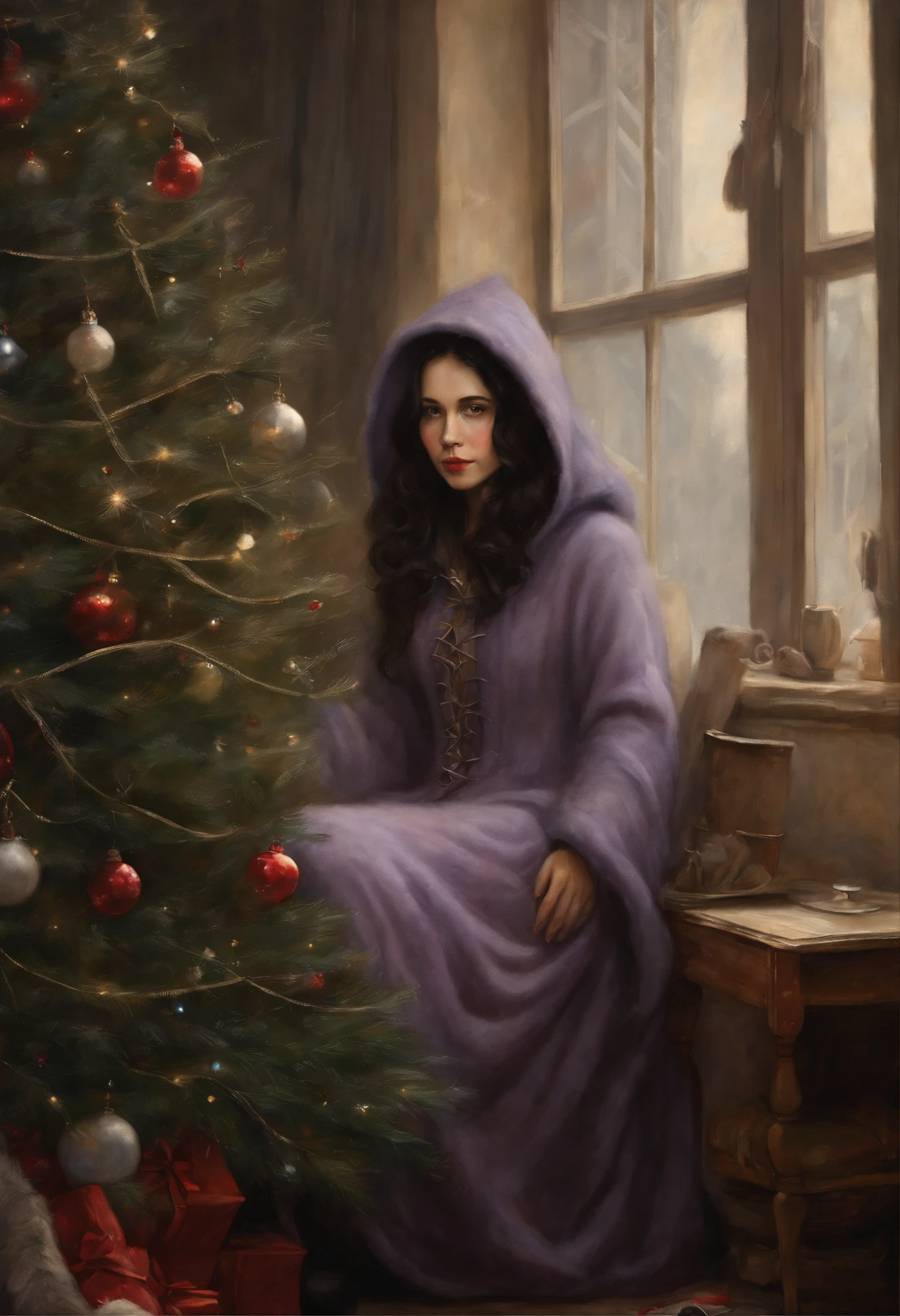 真实感, a painting, Fantastic tale, Christmas style, John Tolkien style, Small painting by Jean-Baptiste Monge, Portrait of a rocker girl with black straight hair, pouring from under the hood, Soft features of a rocker girl, With light makeup, dark pink lips, lip shape thin lips," A slight half-smile on the face, curved eyebrows in the shape of Engriberts, blue eyes, heavy-lidded eye shape, in a knitted hood, black straight hair sticks out from under a knitted hood, sitting, in a big soft chair, Cross-legged, near the Christmas tree, There'The fireplace is burning in the background, Wearing a laser , In a knitted lilac-blue sweater with a hood...., Human Hand, Very clear without flaws with five fingers, mischievous character, Christmas tree, Gifts, Jean-Baptiste Monge, anthropomorphic --ar 2:3 --testp -optimistic;