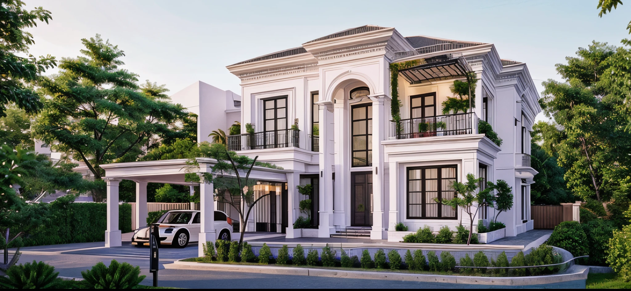 (white wall:1.3), black Artistic iron patterned railings, This rendering showcases a stunning example of neo-classical architecture, with a large, elegant white house complete with a balcony and neoclassical exterior design. The neoclassical style of architecture draws inspiration from classical style and classicism, resulting in a timeless and beautiful rendering. The attention to detail in this architectural visualization truly impressive, with a high-quality rendering that highlights every aspect of the interdimensional villa. From the intricate details of the balcony to the grandeur of the overall design, this luxury architecture a sight to behold. With its neoclassicism style and sophisticated elegance, this rendering a testament to the enduring beauty of classical architecture. The ambient lighting highlights the textures and details, creating a stock photo-like atmosphere, (((Best Quality:1.5))), ((Masterpiece)), ((best illustration)), ((best shadows)), ((Super Detail:1.5)), (Intricate lines:1.5), (Photorealism:1.5),(hyper detail:1.5), ((archdaily)), ((award winning design)), (dynamic light:1.5), ((day)), (perfect light:1.5), (shimering light:1.5), (hidden light:1.5), ((photorealistic)), ((FKAA, TXAA, RTX, SSAO)), ((Post Processing)), ((Post-Production)), ((CGI, VFX, SFX)), ((Full color)), ((Sony A7R IV - 61 MP Exmor R CMOS full frame 35mm 61.0 Megapixel)) ,((Unreal Engine 5)), ((intricate detail)), ((extreme detail)), ((science)), ((hyper-detail)), ((super detail)), ((super realistic)), ((crazy detail)), ((octane render)), ((Cinematic)), ((trending on artstation)), ((High-fidelity)), ((Viwvid)), ((Crisp)), ((Sharp)), ((Bright)), ((Stunning)), ((Likelife:1.5)), Natural, ((Eye-catching)), ((Illuminating)), ((Flawless)), ((High-quality)),((Sharp edge render)), ((medium soft lighting)), ((photographic render)), ((detailed archviz))