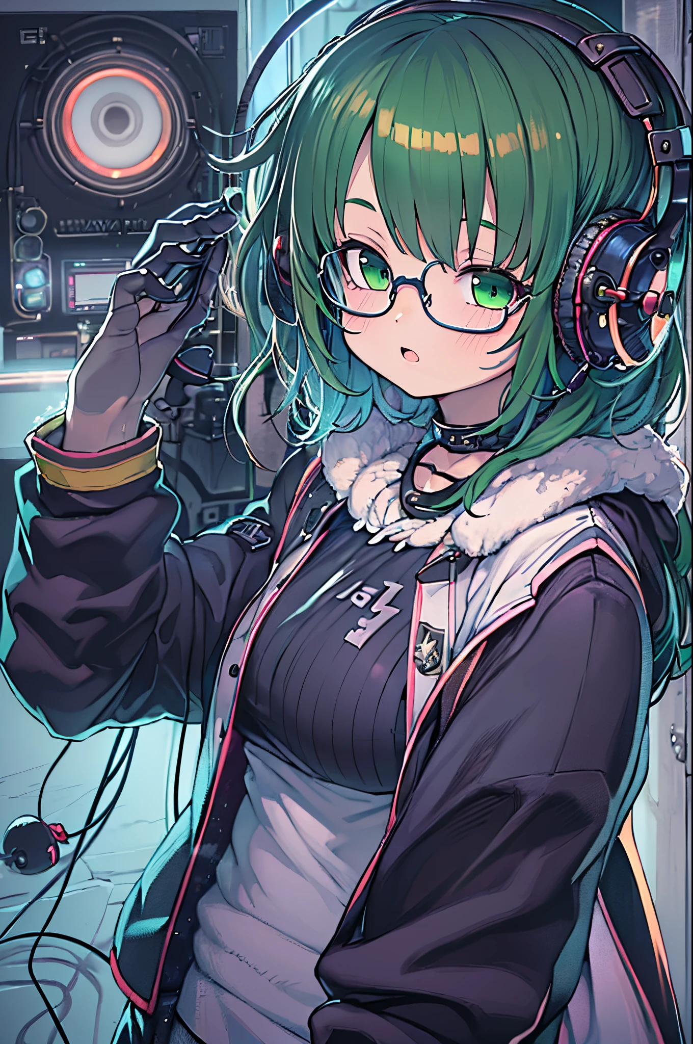 Anime, Deejay Girl, nffsw, DJ Girl, headphones, rave, (Highest picture quality),masutepiece,Best Quality,extremely detailed CG wallpaper, Ultras_Detailed,(Cinematic lighting:1.1), (Cold Face), Green eyes, 1girl in, Solo, Dark green_hair, Short_hair, masutepiece, Best Quality, Glasses