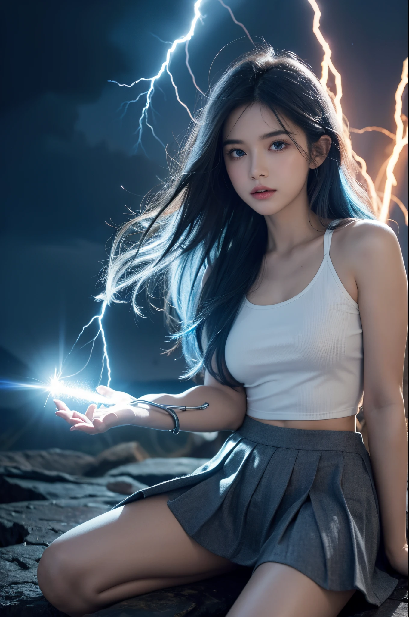 1girl,small breast,{bare knee},best quality,highly detailed,{{masterpiece}},ultra-detailed,illustration,{{{hiten}}},Depth of field,wind lift,very long hair,beautiful detailed eyes,{{{a mechanical arm}}},{surrounded lightning magiccircle},light blue eyes,beautiful detailed eyes,gorgeous,cowboy shot,{looking at viewer},{strong light on body},{{Iridescence hair}},{{{watercolor_(medium)}}},glowing circle pupils,sitting,floating hair,{pleated_skirt},{{{{lightning bolt hair ornament_glowing}}}},blue hair,burningsky,{{tareme}},{{{holding lightning _glowing_huge}}},lightningeffect,{{detailed electricity surrounded}},{electricity},{Burnoneselfinflames},lightning dark clouds,, best quality,masterpiece,realistic,masterpiece,Highly detailed,extreme detail description,extremely detailed CG unity 32k wallpaper,8k,