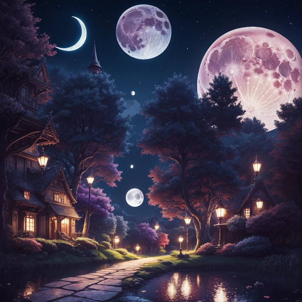 ((masutepiece)), of the highest quality, High Definition, Alice in Wonderland, Wonderland, Fairy tale, Fantastic, 8K, Detailing, Night, Illustration, Vivid color scheme, ((Moon))