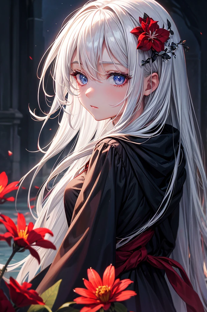 1girl in,Solo,1girl in,Solo,((Beautiful detailed eyes)), (Detailed light),depth of fields,(White hair),Silver eyes,Hair over one eye,(Red flower ), Hair Flower,Long hair,Black cloak,Wet,deadpan,Looking back,Night,starfall,Sateen,Fog,Red flowers fall,sketch,Upper body,intense shadow,