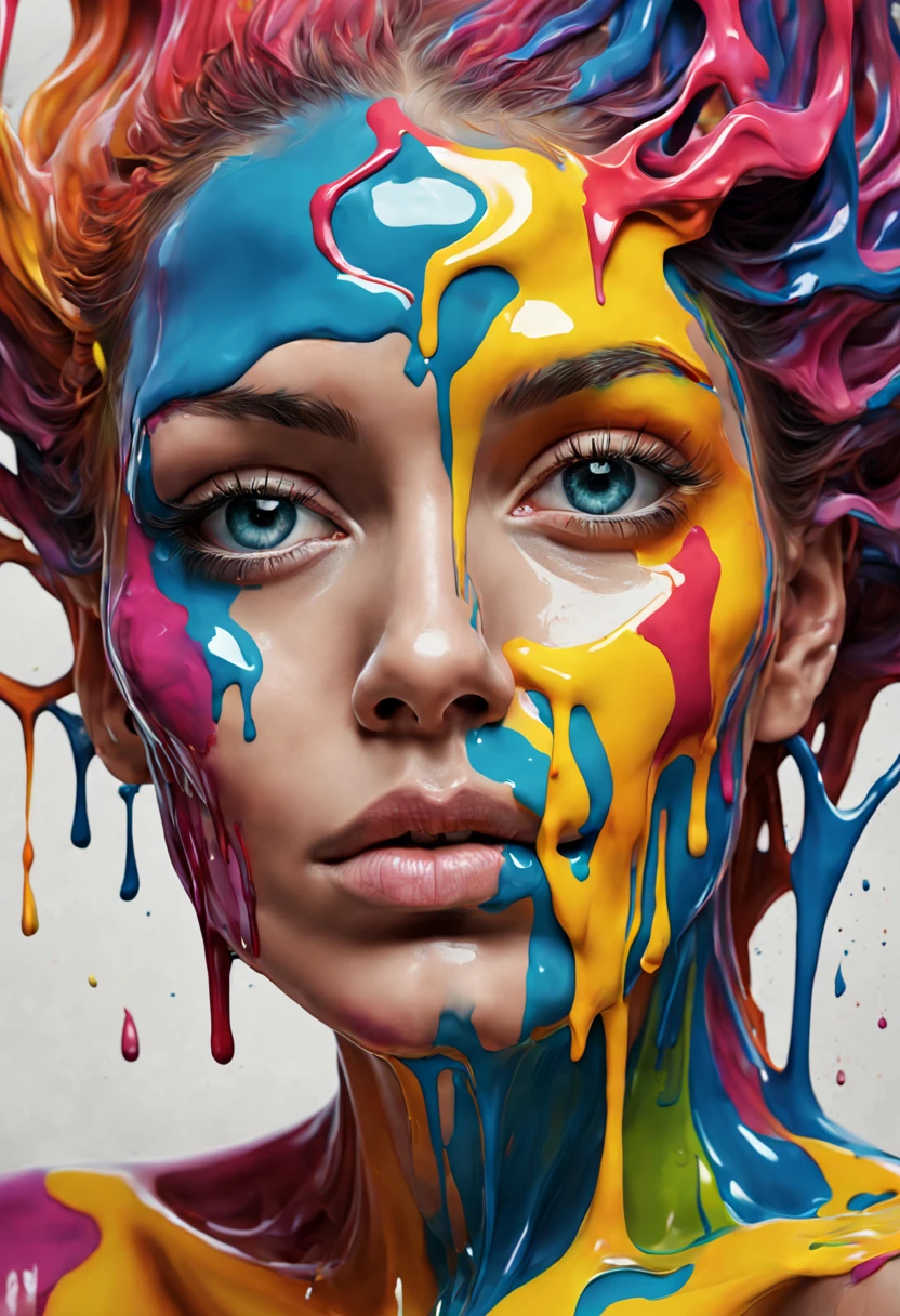 there a half-man and half-woman with a colorful face and a lot of colorful paint, portrait made out of paint, face submerged in colorful oils, portrait made of paint, colorful melting human head, beautiful acrylic fluid portrait, gorgeous digital art, beautiful digital artwork, trending artistic art, stunning digital art, abstract face, stunning artwork, inspired by Alberto Seveso, abstract 3 d artwork
