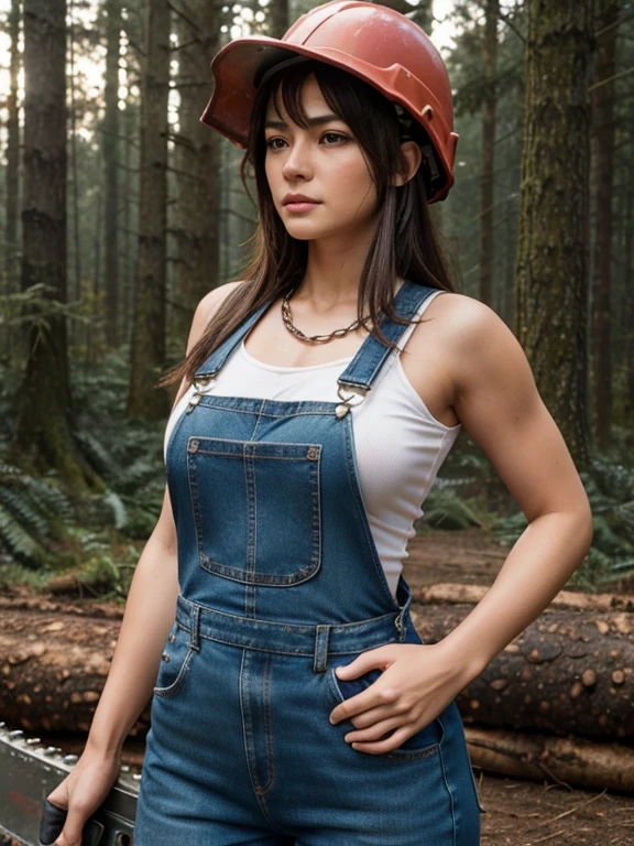 Gorgeous brunette woman wearing a helmet, (wearing torn denim overalls, exposed breast viewer, in a farm, tractor, beautiful pink long hair, instagram photo, Beldelfinn,Detailed skin pores with chainsaw, Chainsaw, lumberjack, forestry, Chainsaw in hand, powerful detail, professional work, saws, very intricate, powerful scene, High quality photos, chain saw man, accurate and detailed, forest hunter lady, sculptures, chain saw, Motivated, Professional, portrait shot, dramatic compositions, Epic Scale, sense of awe, 超A high resolution.Photorealistic:.1.4, (High detailed skin:1.2), 8K UHD, Digital SLR, High quality, Film grain, Fuji short hair