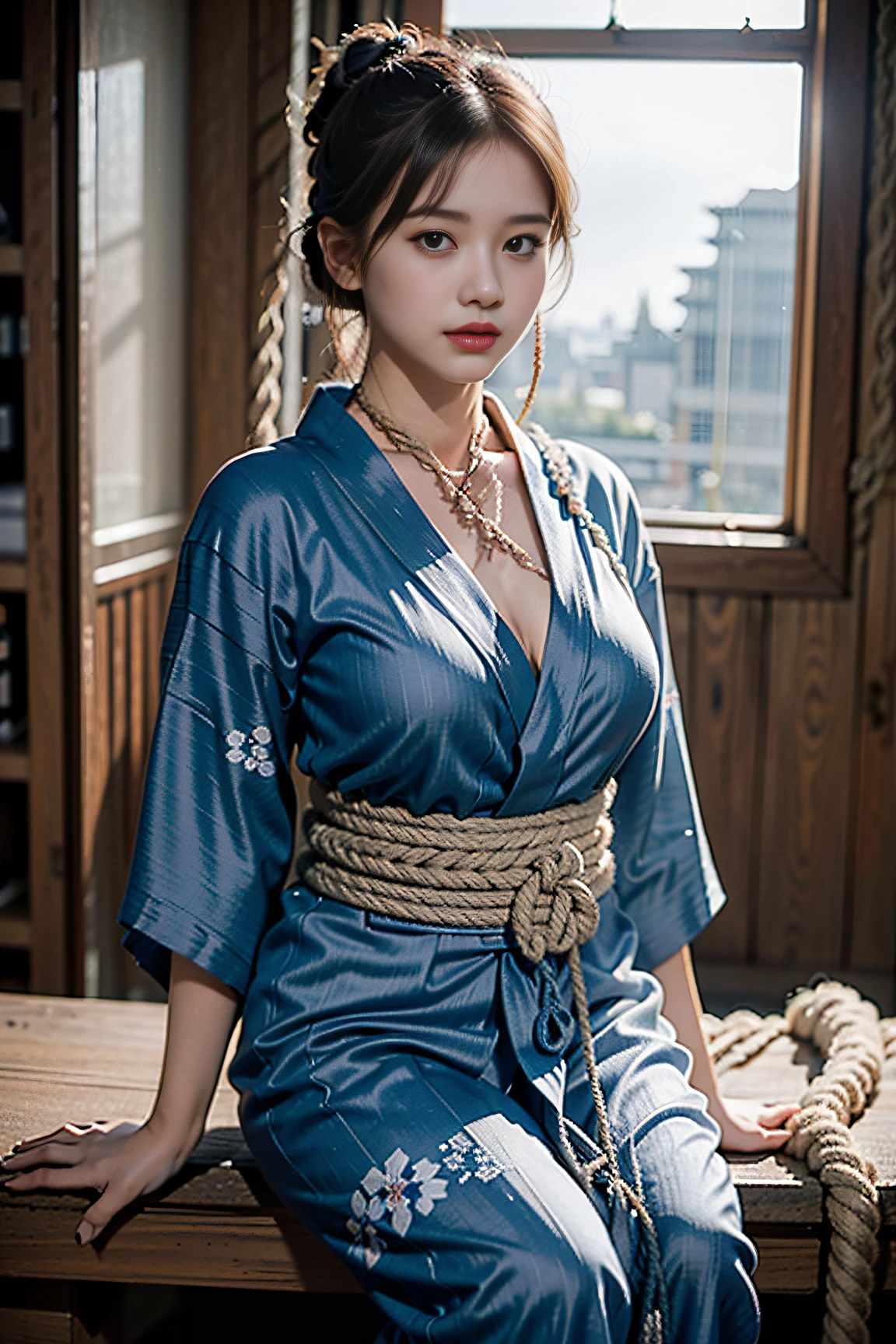(((Draw only one woman: 2))), (Beautiful 15 year old Japan girl), ((1screen)), in 8K, RAW shot, top quality photo, masutepiece, Nice realistic photos, ((Anatomically correct proportions: 1.5)), ((perfectly proportions)), (woman in prison:1.5), (She is wearing a yukata worn by prisoners..:1.5), ((Woman tied with rope:1.8)), sitting in a dirty prison, (Shibari:1.4 )