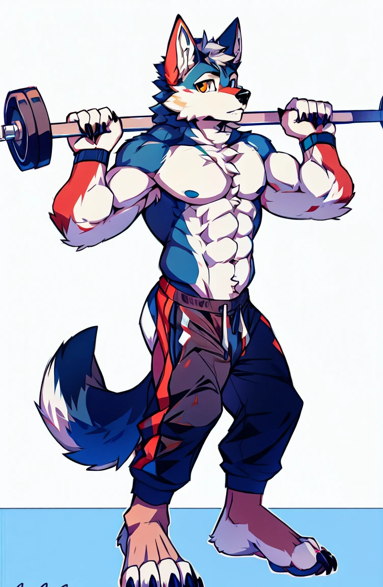 Human-wolf,musculouull Body Furry,paws with claws,pass upright,The upper body naked,Short sweatpants,Working out