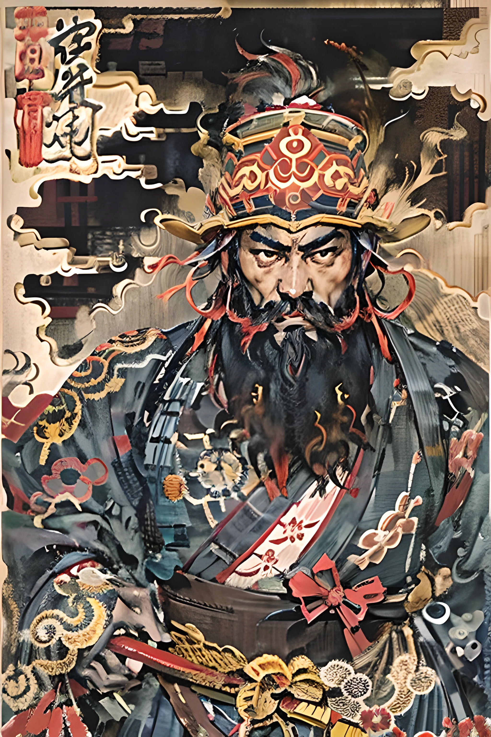 This  a full-body painting with natural colors，Katsushika Hokusai style line drawing。The general  tall，like a strong man。His expression  solemn and manly，Full of determination，minority helmet，Viking thick black beard，Split beard。He wears black armor on his upper body。with the highest quality，High-resolution ukiyo-e style masterpiece of lightning and swirling flameace and body facing forward，The back  straight。