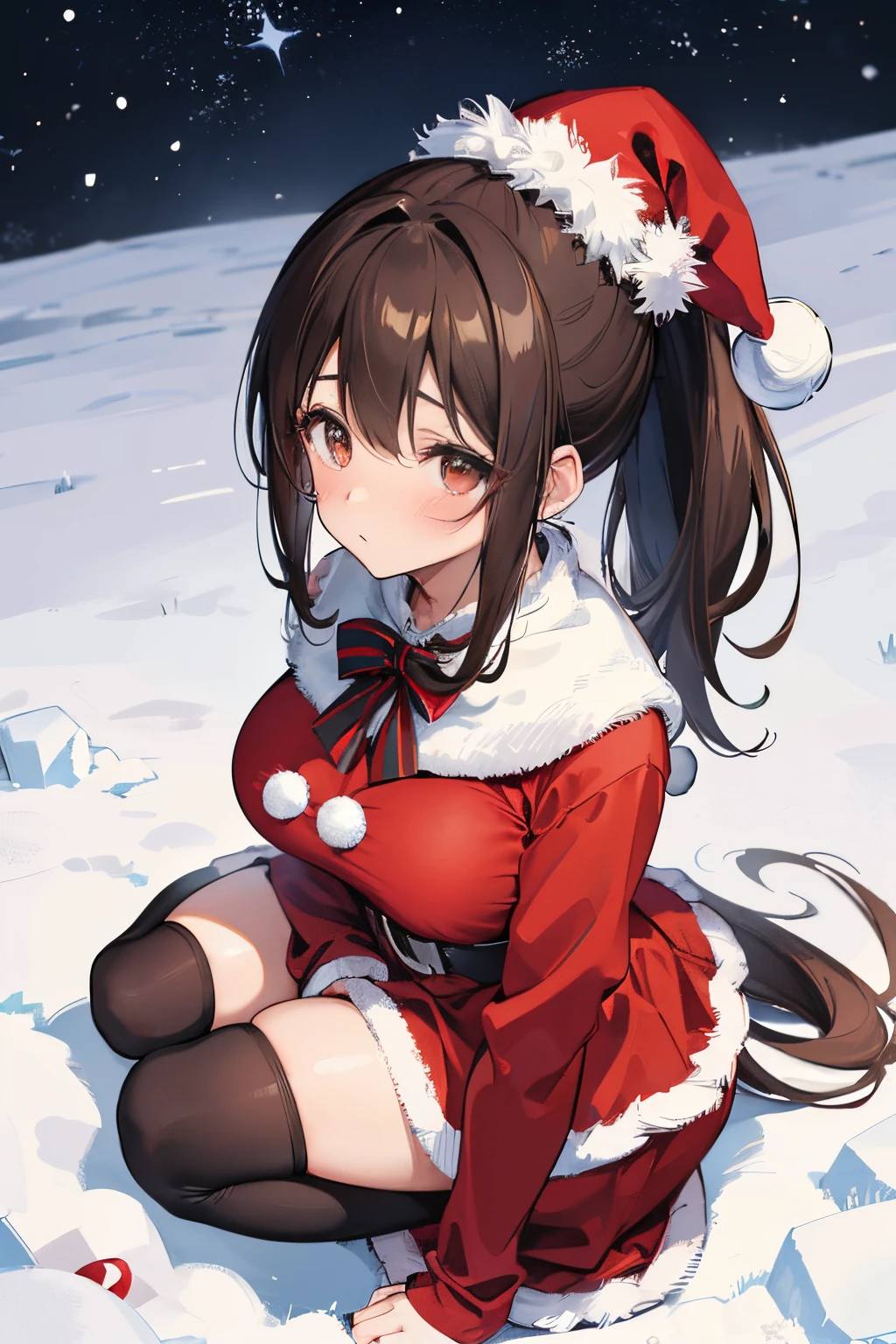 "anime girl, 1 person, dark brown hair, ponytail, ponytail, tied hair, brown eyes, socks, santa hat, santa outfit, santa outfit, winter outfit, red dress, big breasts, blushing, full body, snowfall, christmas gift box, christmas, solo, front view, (full HD 4K+ image)"