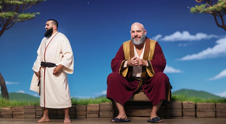 middle-aged man in fantasy world, official, A loose-fitting robe that smells of poverty, No beard, bald on the top of the head, Hair grows on the sides and back of the head, Standing, Full body