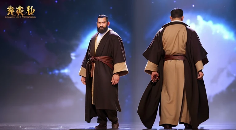 middle-aged man in fantasy world, official, A loose-fitting robe that smells of poverty, No beard, bald on the top of the head, Hair grows on the sides and back of the head, Standing, Full body