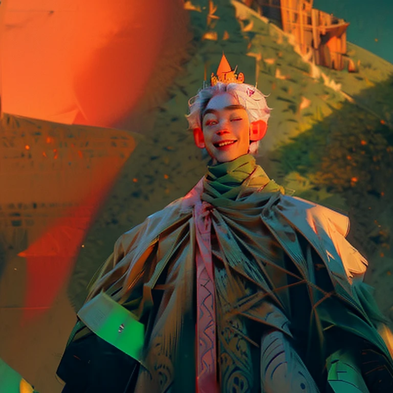 geezer,white color hair,Have a beard,very friendly,The smile bright,,Look up and laugh,Toothy smile,background green,green birthday crown,There are streamers in the sky,Wearing a green coat,rays of sunshine,gorgeous,Eyes are confused,Laugh out tears,The mouth wide open