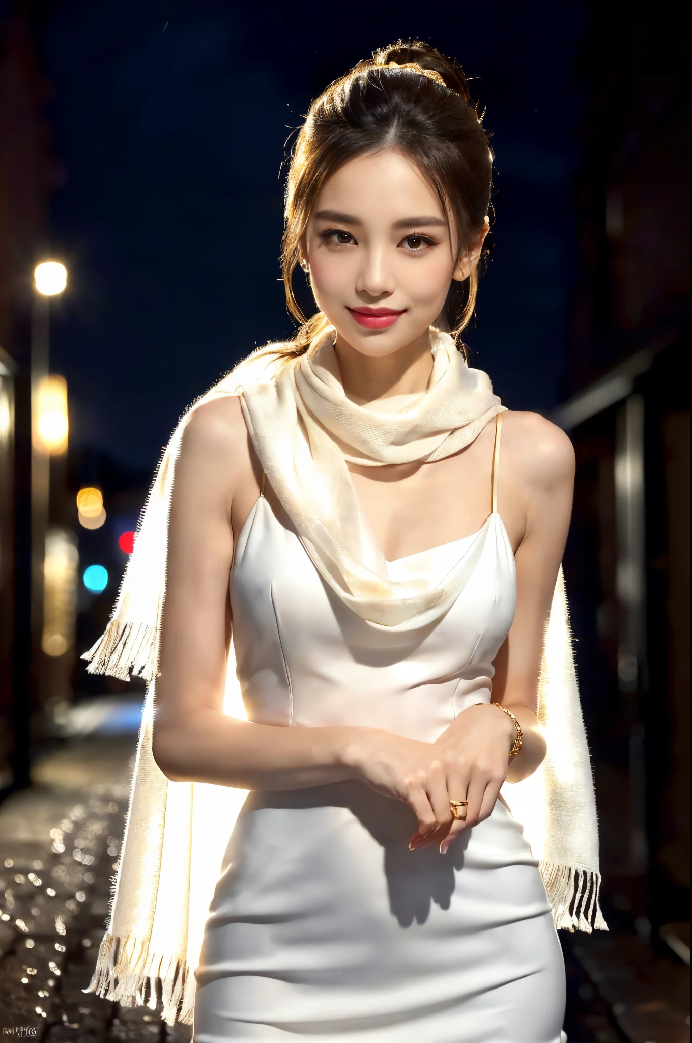 (black bun hairstyle:1),((((8k))),((Extremely meticulous CG)) ,(wallpaper),16k,((Extremely refined and beautiful))，(((Masterpiece))),(((best qualtiy))),(((Ultra High Resolution))),beautiful light up，Perfect lightning，realistic shaded，[A high resolution],(Smooth and flawless fair skin:1.5),Extremely exquisite facial details,(perfect body：1.1),ultra - detailed,A beautiful girl,small head,((very short ponytail)),small face,Exquisite makeup,(Small breasts:1.1),Flat chests,slim,thin,happy,Smile,(white Scarf:1.2),(Golden short dress:1.3),(slender legs:1.2),high heels,(night scene:1.5),In a alley,dark light,(detailed background:1.5),outdoor,(standing),looking at viewer,(upper body:1.2)