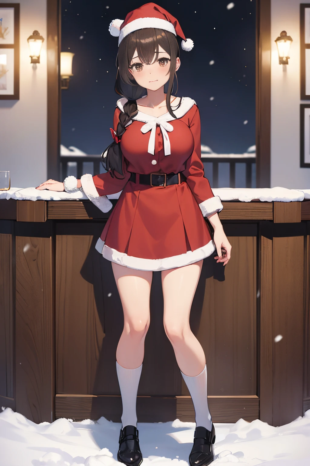"anime girl, 1 person, dark brown hair, ponytail, ponytail, tied hair, brown eyes, socks, santa hat, santa outfit, santa outfit, winter outfit, red dress, big breasts, blushing, full body, snowfall, christmas gift box, christmas, solo, front view, (full HD 4K+ image)"