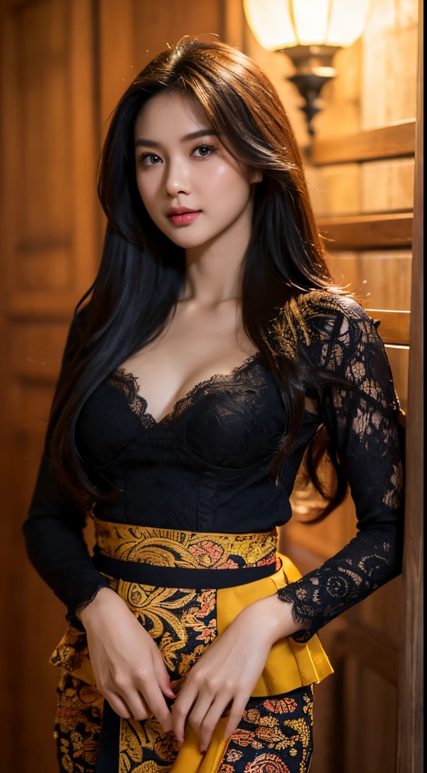 1 Indonesian-Dutch girl, 25 years old, long fashion hair, fit body, small cleavage, skintight black lace kebaya, batik skirt, masterpiece, highly detailed, ultra hd, 8k, detailed face, bright eyes, perfect eyes, detailed skin texture, detailed lips, sexy lips, perfect hands, dynamic angle, cowboy shot