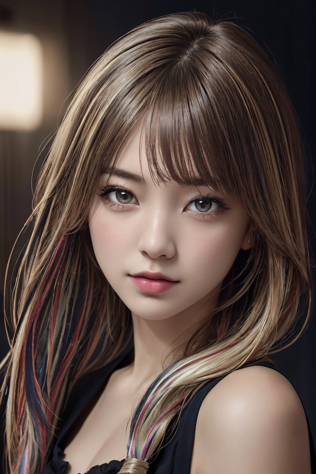 analog style, model shoot tyle, (younggirl:1.5), ((a japanese girl)), ((colorful photo:1.5)), (length hair, O cabelo multicolorido:1.7), (美丽的面容), (face perfect), Raw photography, ((Take a portrait facing the viewer)), (pale-skinned), top-quality, film grains, hyper realisitic, ultra realistic textures, masterpiece, the Extremely Detailed CG Unity 8K Wallpapers, ((Realistic brown eyes)), detailed photo, ecstasy of light and shadow, deep-shadows