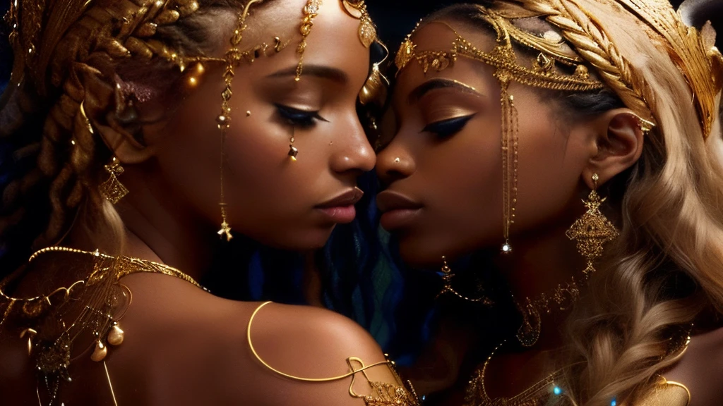 two women with gold jewelry on their heads and one kissing, beautiful gemini twins, beautiful gemini twins portrait, Beautiful sci-fi twins, dark-skinned female goddess of love, Goddess Jewelry, Beautiful twins, Good and Evil, Episches 3-D-Oshun, cinematic goddess shot, mit Juwelen bedeckt, cinematic goddess close shot, Goddess, goldene Verzierungen, Goddess Queen