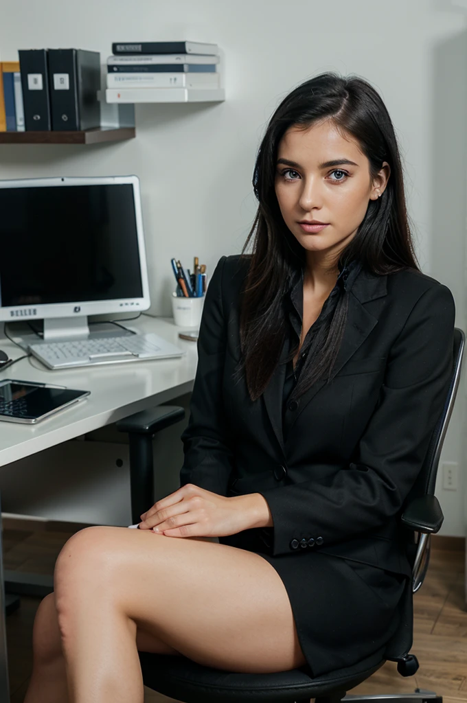 a instagram model wearing formal suit, sitting in an office, working on laptop, black hairs, pink lips, young model, classy look, realistic photography