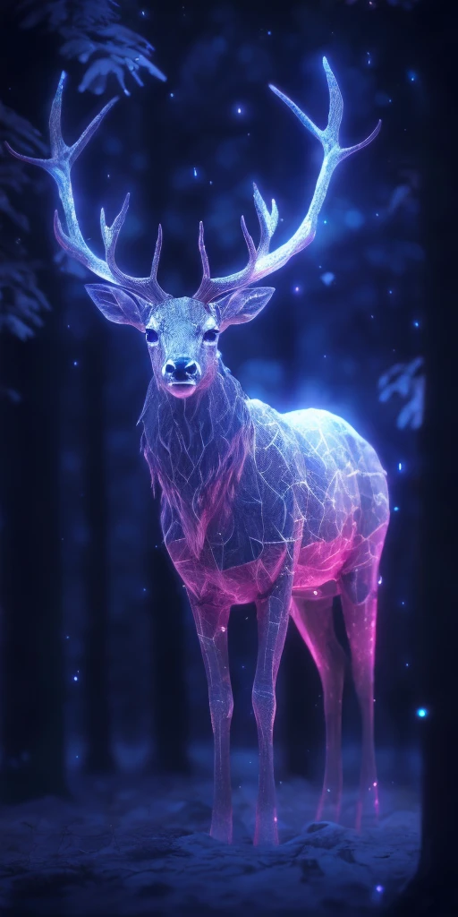 a close up of a deer with glowing antlers in a forest, 3d digital art 4k, digital art animal photo, digital artwork 4 k, holographic creatures, 4k highly detailed digital art, 8k high quality detailed art, 4k detailed digital art, 8 k ultra realistic animal, digital art 4k, digital art 4 k, detailed digital 3d art