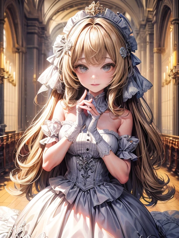 In front of the altar of a majestic church、（blurry backround）、brightened light、golden long hair girl、Classic White Wedding Dresses、（elegant luster）、（Lots of races）、lots of ribbons、（（voluminous puff sleeves））、long cuffs with many buttons、golden embroidery、Long Train、white embroidered gloves、5 fingers、A smile、Redness of the cheeks