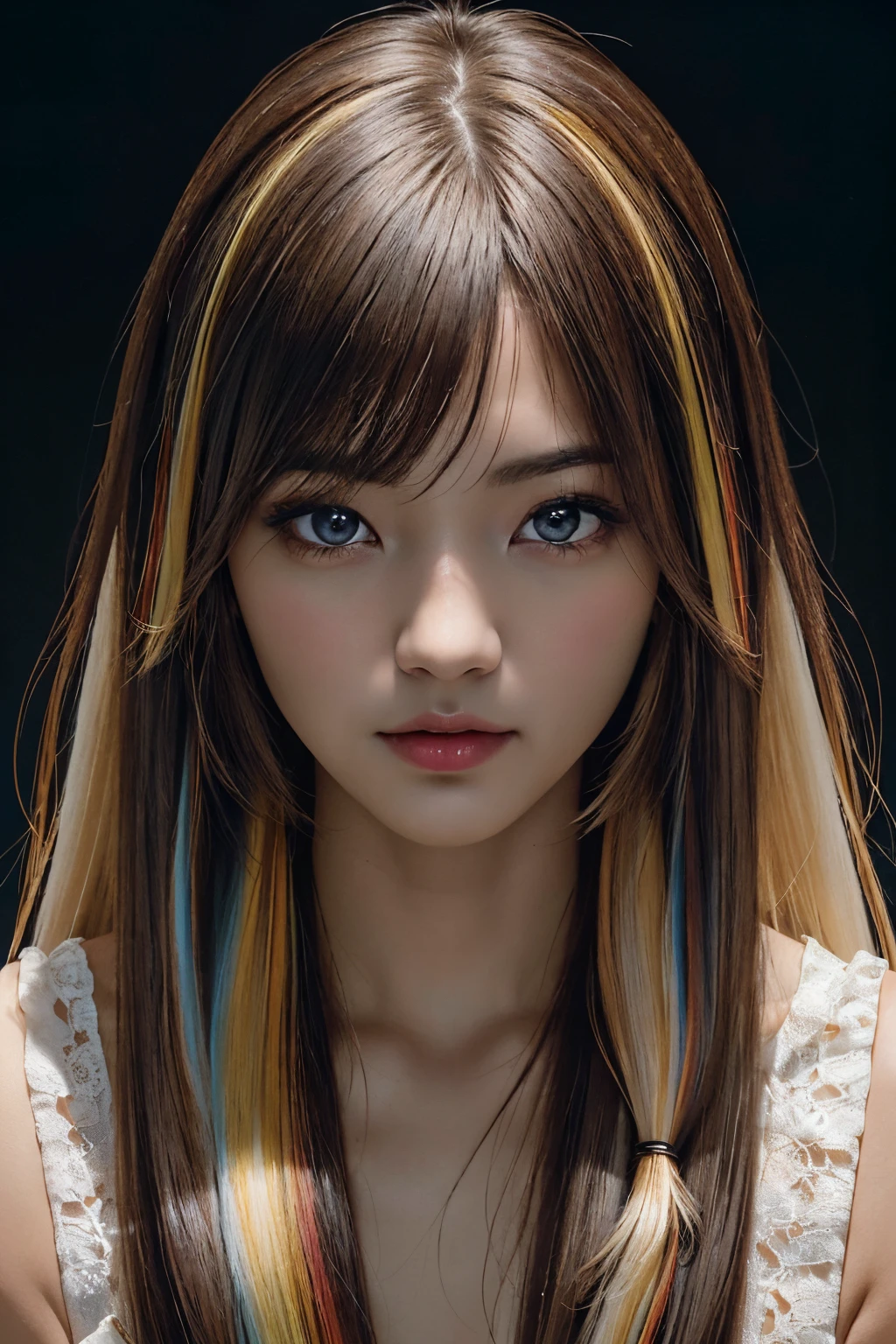 analog style, model shoot tyle, (younggirl:1.5), ((a japanese girl)), ((colorful photo:1.5)), (length hair, O cabelo multicolorido:1.7), (美丽的面容), (face perfect), Raw photography, ((Take a portrait facing the viewer)), (pale-skinned), top-quality, film grains, hyper realisitic, ultra realistic textures, masterpiece, the Extremely Detailed CG Unity 8K Wallpapers, ((Realistic brown eyes)), detailed photo, ecstasy of light and shadow, deep-shadows