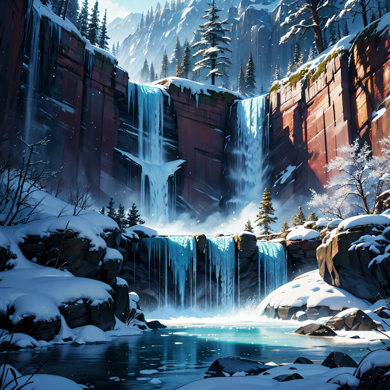 Best Quality、masutepiece、8K、(((deers)))、((falls、icy、Frozen waterfall、ln the forest))、yuki、Winters