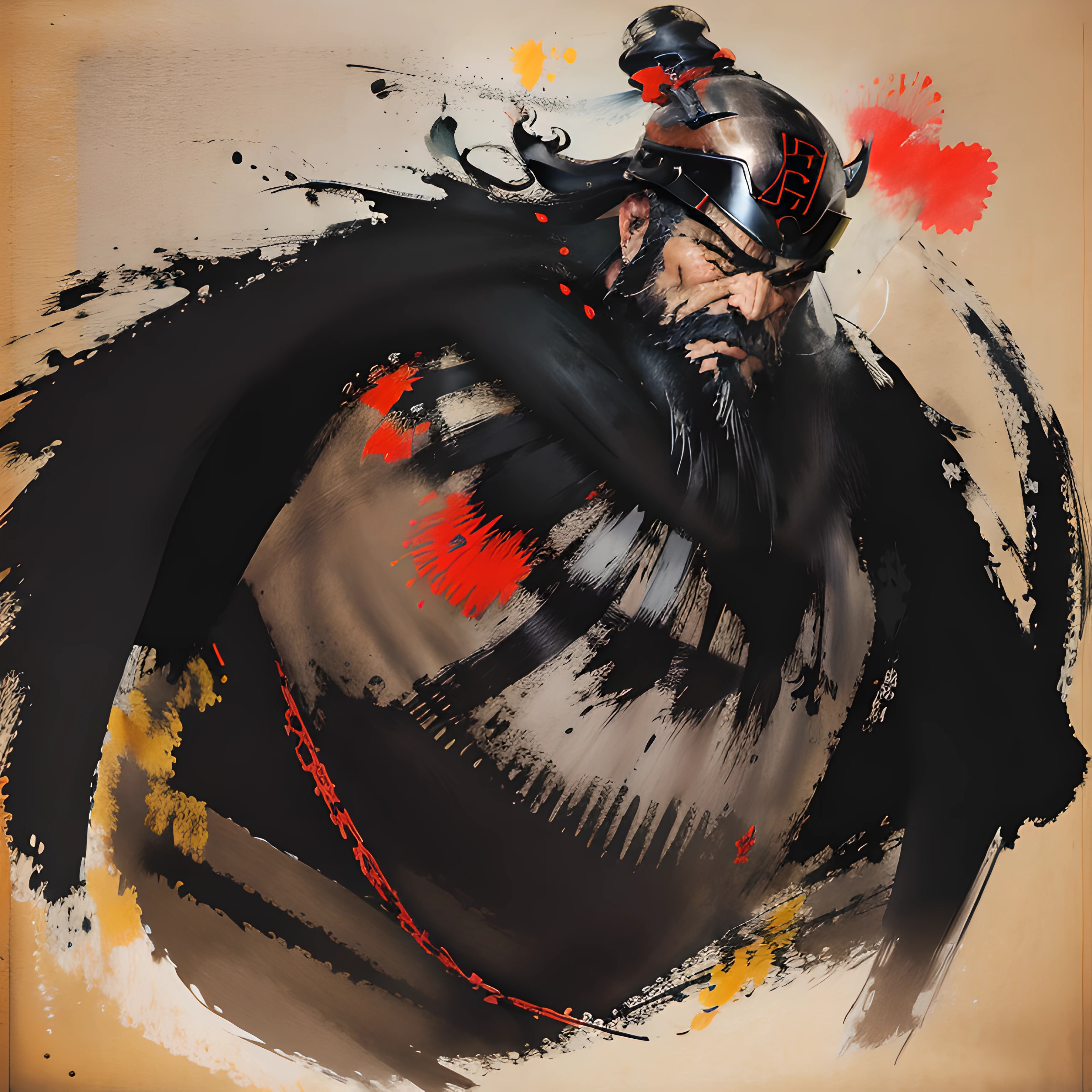 This a full-body painting with natural colors,Katsushika Hokusai style line drawing。The general tall,like a strong man。His expression solemn and manly,Full of determination,minority helmet,Viking thick black beard,Split beard。He wears black armor on his upper body。with the highest quality,High-resolution ukiyo-e style masterpiece of lightning and swirling flameace and body facing forward,The back straight。