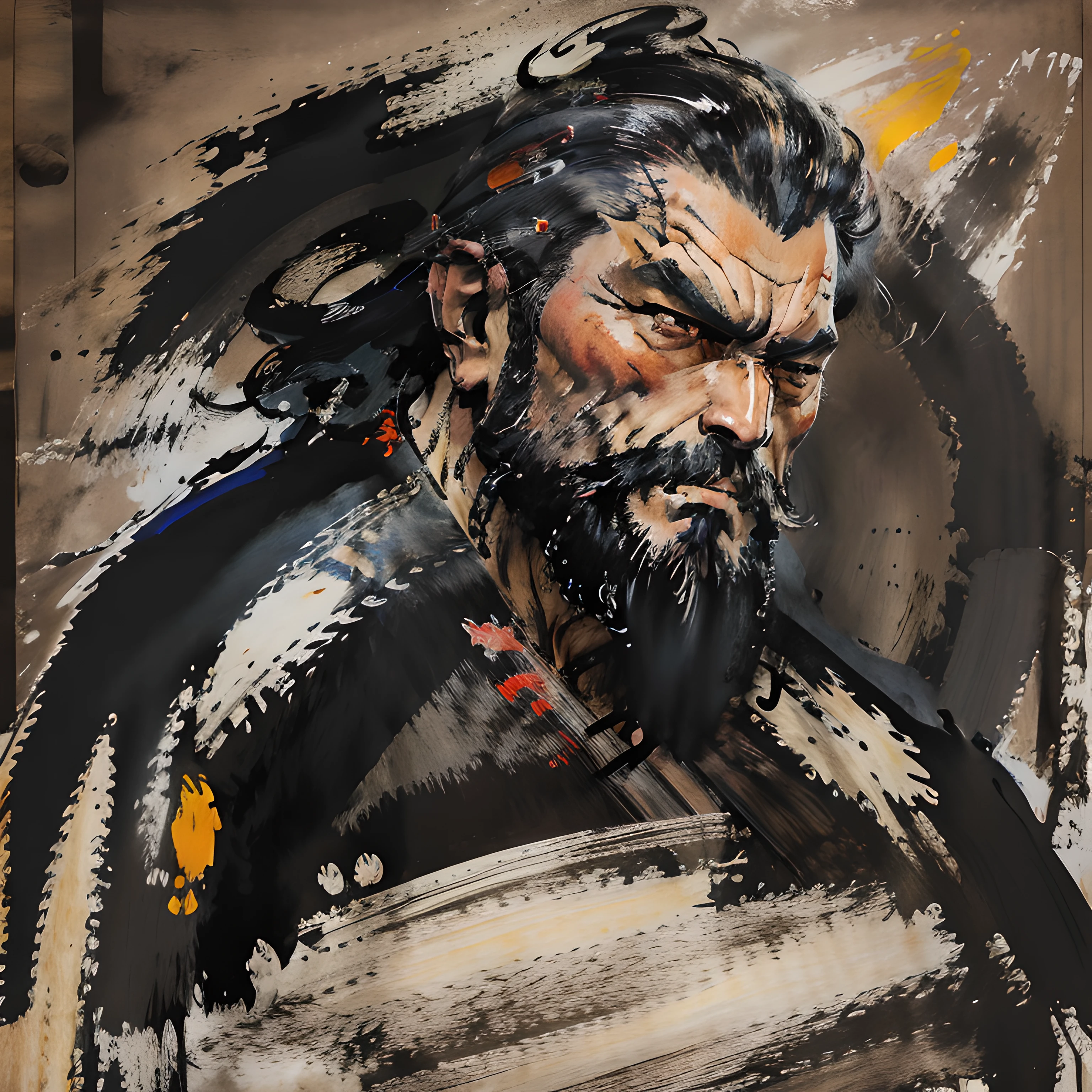 This  a full-body painting with natural colors，Katsushika Hokusai style line drawing。The general  tall，like a strong man。His expression  solemn and manly，Full of determination，minority helmet，Viking thick black beard，Split beard。He wears black armor on his upper body。with the highest quality，High-resolution ukiyo-e style masterpiece of lightning and swirling flameace and body facing forward，The back  straight。